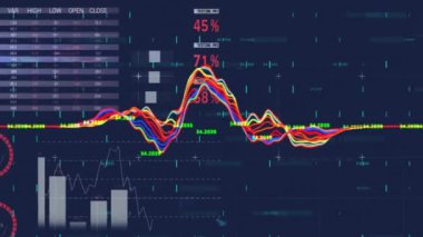 Dünya haritası üzerinde şema ve veri işleme animasyonları. Küresel teknoloji ve dijital arayüz konsepti dijital olarak oluşturulmuş video.