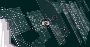 Animation of data processing over network of connections with icons. Global business and digital interface concept digitally generated video.