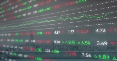 Şehirdeki borsa ve diyagramların animasyonu. Küresel iş ve dijital arayüz kavramı dijital olarak oluşturulmuş video.