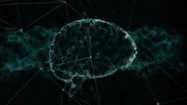 Siyah arkaplandaki bağlantı ağı üzerinden dijital beynin animasyonu. Küresel bilim, bilgisayar ve dijital arayüz kavramı dijital olarak oluşturulmuş video.
