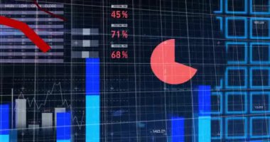 Izgara ve karanlık arkaplan üzerinde veri işleme animasyonu. Dijital olarak oluşturulmuş küresel bağlantılar, hesaplama ve veri işleme kavramı.