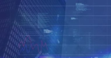 Animation of financial data processing over blue background. Global business, finances, computing and data processing concept digitally generated video.