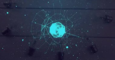 Beyaz noktalar ve masa üzerindeki şekillerin animasyonu. Küresel teknoloji ve dijital arayüz konsepti dijital olarak oluşturulmuş video.