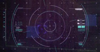 Siyah arkaplan üzerinden tarama ve veri işleme animasyonu. Küresel finans, iş, bağlantılar, hesaplama ve veri işleme kavramı dijital olarak oluşturulmuş video.