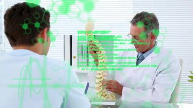 Çeşitli erkek doktor ve hastaların omurga tartışmaları üzerine veri işleme animasyonu. Veri, dijital arayüz, tıp, sağlık, eğitim ve iletişim, dijital olarak oluşturulmuş video.
