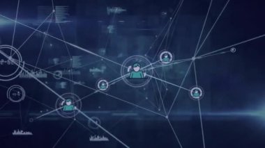 Veri işleme üzerine simgelerle bağlantı ağının animasyonu. Küresel teknoloji ve dijital arayüz konsepti dijital olarak oluşturulmuş video.