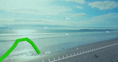Deniz manzarası üzerinde yeşil hat ve finansal veri işleme animasyonu. Küresel finans, iş, bağlantılar, hesaplama ve veri işleme kavramı dijital olarak oluşturulmuş video.