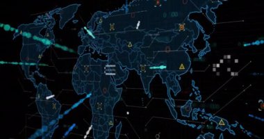 Siyah zemin üzerinde dijital veri işleme animasyonu. Dijital olarak oluşturulmuş küresel bağlantılar, hesaplama ve veri işleme kavramı.