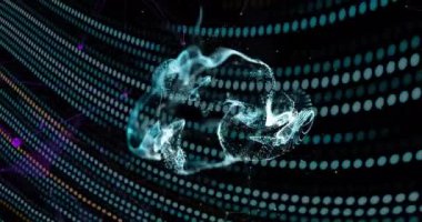 Karanlık arka planda duman ve ışık izlerinin canlandırılması. Küresel bilim adamı, bağlantılar, hesaplama ve veri işleme kavramı dijital olarak oluşturulmuş video.