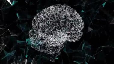 Siyah arka plandaki şekillerin üzerinde dönen beynin animasyonu. Küresel bilim ve dijital arayüz kavramı dijital olarak oluşturulmuş video.