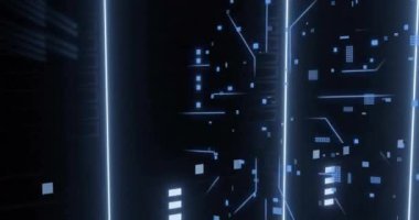 Bilgisayar sunucuları üzerinde devre kartı ve dijital veri işleme animasyonu. Dijital olarak oluşturulmuş küresel bağlantılar, hesaplama ve veri işleme kavramı.