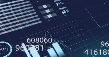 Karanlık arka planda istatistik ve finansal veri işleme animasyonu. Küresel iş, bağlantılar, hesaplama ve veri işleme kavramı dijital olarak oluşturulmuş video.