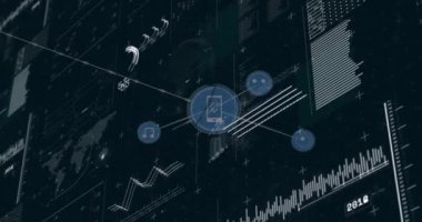 Animation of data processing over network of connections with icons. Global business and digital interface concept digitally generated video.