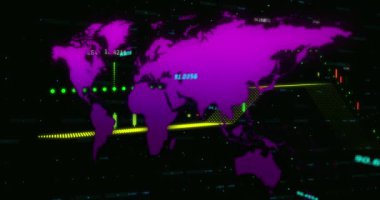 Dünya haritasında finansal veri işleme animasyonu. Küresel iş, bağlantılar, hesaplama ve veri işleme kavramı dijital olarak oluşturulmuş video.