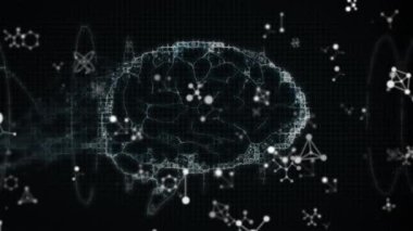 Siyah arka planda molekülleri olan insan beyni ve DNA iplikçiklerinin animasyonu. Küresel bilim, bağlantılar ve veri işleme kavramı dijital olarak oluşturulmuş video.