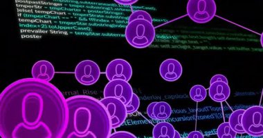 Veri işleme animasyonu ve karanlık arka planda insanlarla olan bağlantıların canlandırılması. Küresel siber güvenlik, bağlantılar, hesaplama ve veri işleme kavramı dijital olarak oluşturuldu.