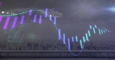 Şehirdeki borsa ve diyagramların animasyonu. Küresel iş ve dijital arayüz kavramı dijital olarak oluşturulmuş video.