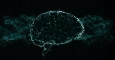 Siyah arkaplan üzerinde şekiller ve beyin animasyonu. Küresel bilim ve dijital arayüz kavramı dijital olarak oluşturulmuş video.
