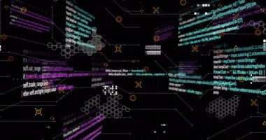 Karanlık arka planda veri işleme animasyonu. Dijital olarak oluşturulmuş küresel bağlantılar, hesaplama ve veri işleme kavramı.