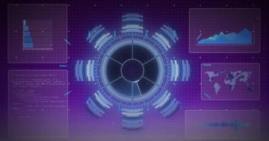 Diyagramlar ve taramalar üzerinden veri işleme animasyonu. Küresel iş, teknoloji ve dijital arayüz kavramı dijital olarak oluşturulmuş video.