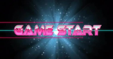 Oyun başlatma metninin neon desen arkaplanı üzerinden canlandırması. Küresel video oyunu, dijital arayüz, iletişim, bilgisayar ve veri işleme kavramı dijital olarak oluşturuldu.