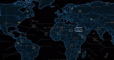 Dünya haritasının animasyonu ve kara fon verilerinin işlenmesi. Ağ, veri, dijital arayüz ve küresel iletişim, dijital olarak oluşturulmuş video.