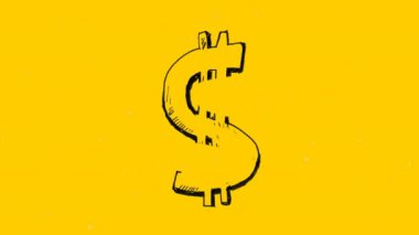 El animasyonu, sarı arka planda dolar sembolü ile siyah çizilmiş. Amerika, dolar, finans, para, para ve ekonomi, dijital olarak üretilen video.