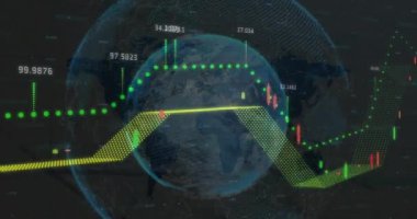 Dünya çapında ikonların ve finansal veri işlemlerinin animasyonu. Küresel finans, iş, bağlantılar, hesaplama ve veri işleme kavramı dijital olarak oluşturulmuş video.