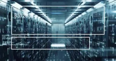 Bilgisayar sunucuları üzerinde dijital veri işleme animasyonu. Dijital olarak oluşturulmuş küresel bağlantılar, hesaplama ve veri işleme kavramı.