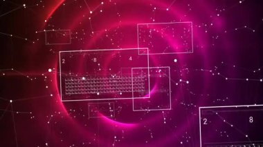 Mor arkaplandaki bağlantı ağı üzerinden kapsam taraması ve veri işleme animasyonu. Küresel teknoloji, bilgisayar ve dijital arayüz kavramı dijital olarak oluşturulmuş video.