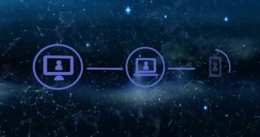 Medya simgelerinin ve yıldızların üzerindeki şekillerin canlandırılması. Sosyal medya ve dijital arayüz konsepti dijital olarak oluşturulmuş video.