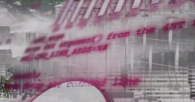 Şehir manzarası üzerinde finansal veri işleme animasyonu. Küresel finans, iş, bağlantılar, hesaplama ve veri işleme kavramı dijital olarak oluşturulmuş video.