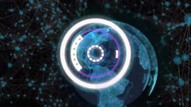 Dünya üzerinde dairesel tarayıcı işleme verilerinin animasyonu ve siyaha bağlı bağlantı ağı. Ağ, veri, dijital arayüz ve küresel iletişim, dijital olarak oluşturulmuş video.