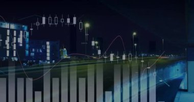 Şehirdeki finansal veri işleme animasyonu. Küresel finans, iş, bağlantılar, hesaplama ve veri işleme kavramı dijital olarak oluşturulmuş video.