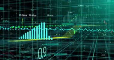 Siyah arkaplan üzerinde veri işleme animasyonu. Küresel finans, iş, bağlantılar, hesaplama ve veri işleme kavramı dijital olarak oluşturulmuş video.