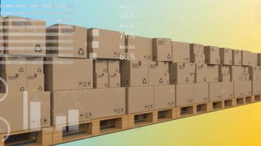 Karton kutular üzerinde finansal veri işleme animasyonu. Küresel finans, iş, bağlantılar, hesaplama ve veri işleme kavramı dijital olarak oluşturulmuş video.