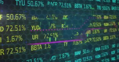 Altıgen ağı üzerinden finansal veri işleme animasyonu. Küresel finans, iş, bağlantılar, hesaplama ve veri işleme kavramı dijital olarak oluşturulmuş video.