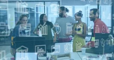 İş dünyasının animasyonları farklı meslekdaşların iş tartışmaları üzerine. İş, takım çalışması ve dijital arayüz konsepti dijital olarak oluşturulmuş video.