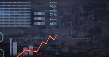 Şehir manzarası üzerinde finansal veri işleme animasyonu. Küresel finans, iş, bağlantılar, hesaplama ve veri işleme kavramı dijital olarak oluşturulmuş video.