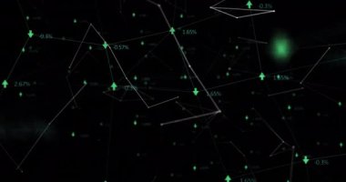 Veri işleme animasyonu ve siyah arkaplan üzerindeki oklar. Küresel iş ve dijital arayüz kavramı dijital olarak oluşturulmuş video.