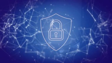 Siyah arkaplan üzerinde asma kilit simgesiyle bağlantı ağının animasyonu. Küresel siber güvenlik, iş, ağ, bağlantılar, hesaplama ve veri işleme kavramı dijital olarak oluşturulmuş video.