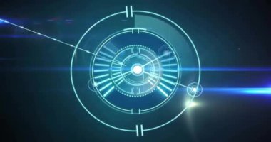Ağ üzerinden geçen dairesel tarayıcı animasyonu ve koyu arkaplanda mavi ışıklar. Veri, dijital arayüz, bağlantı, işlem ve iletişim, dijital olarak oluşturulmuş video.