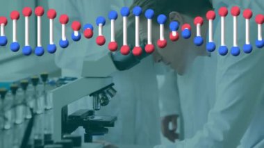 Laboratuvardaki çeşitli bilim adamlarının DNA 'larının animasyonu. Küresel bilim, bağlantılar, hesaplama ve veri işleme kavramı dijital olarak oluşturulmuş video.