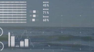Deniz manzarası üzerinde finansal veri işleme animasyonu. Küresel finans, iş, bağlantılar, hesaplama ve veri işleme kavramı dijital olarak oluşturulmuş video.