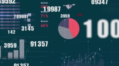 Karanlık arka planda finansal veri işleme animasyonu. Küresel finans, iş, bağlantılar, hesaplama ve veri işleme kavramı dijital olarak oluşturulmuş video.