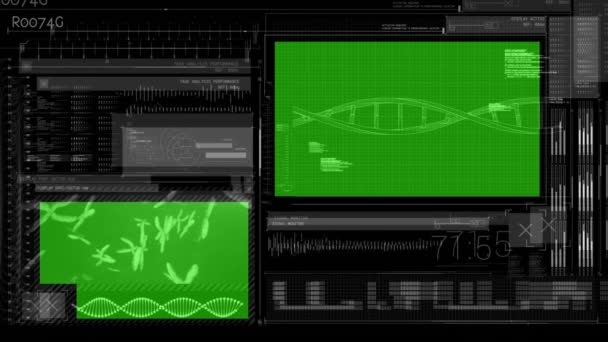 Animering Databehandling Över Molekyler Och Dna Strängar Globalt Vetenskapligt Och — Stockvideo