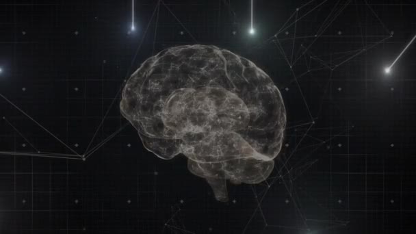Анимация Светлых Пятен Над Вращающимся Мозгом Концепция Глобального Научного Цифрового — стоковое видео