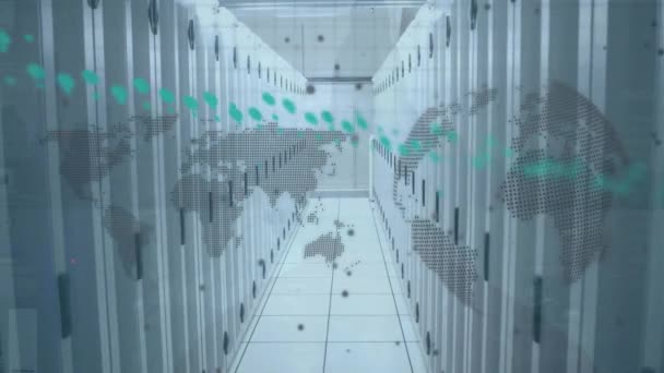 Animation Databehandling Med Verdenskort Globus Serverrum Global Teknologi Computing Digital – Stock-video