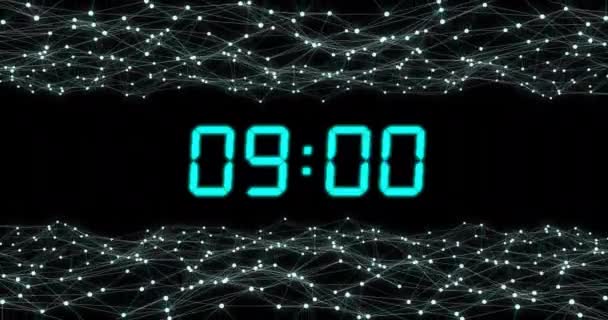 绿色数字时钟的动画在黑色背景的光路上变化 数字视频的时间 计时器 数字接口和数据处理概念 — 图库视频影像