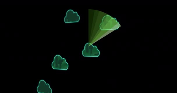 Animation Des Datenverarbeitungsrades Mit Blauen Wolkensymbolen Die Auf Schwarzem Hintergrund — Stockvideo